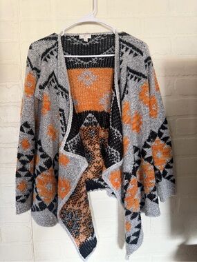 C Open-Front Geometric Cardigan in Gray, Orange & Black